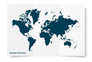 Illustration of world map with words "Teacher Directory"