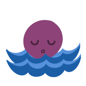 Purple icon of a calm face with eyes closed and floating on water.